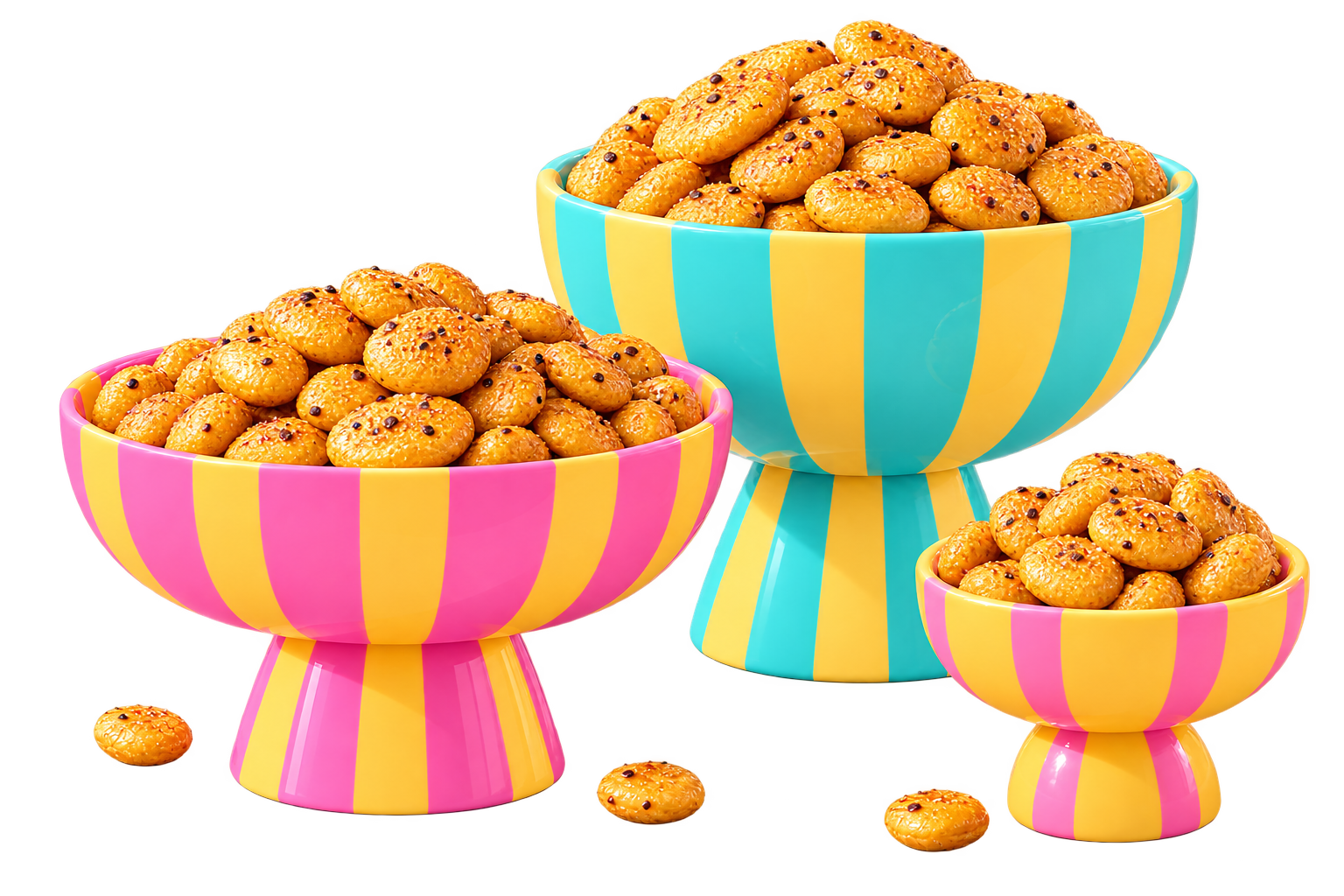 Three sculptural bowls with Saint Bean turquoise, pink and yellow stripes, heaped with golden crunchy lupini beans